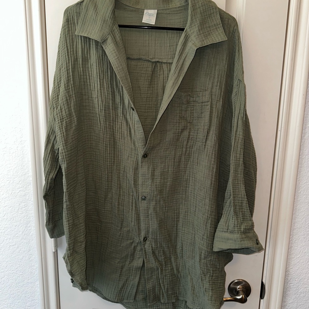 Kona Sol Lightweight Sage Green Olive 100% Cotton Beachy Coverup Long Sleeve - Picture 3 of 9